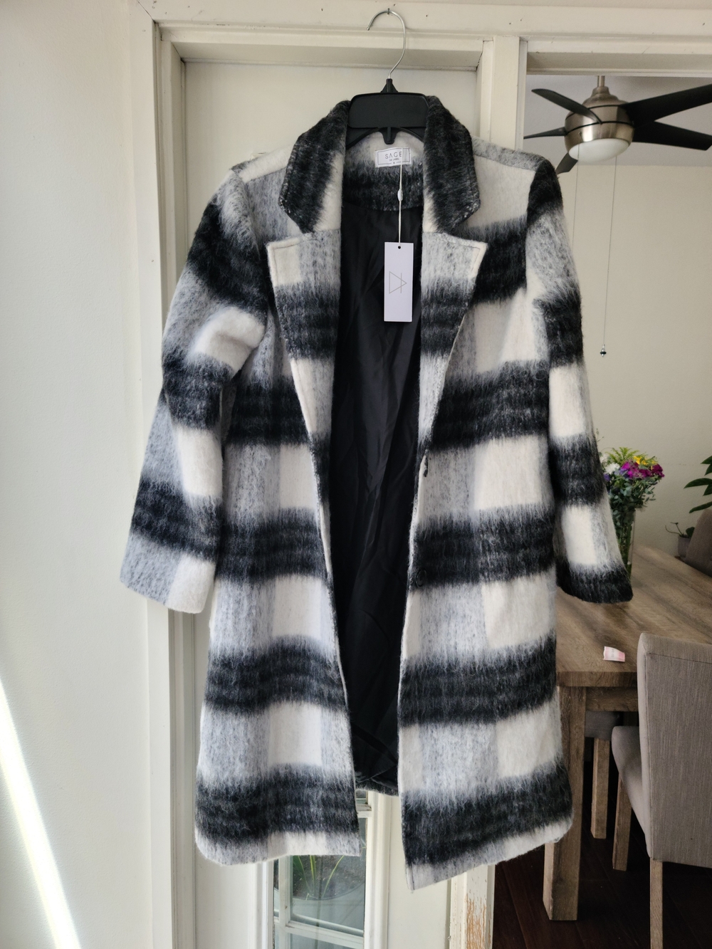 Sage Black & White Plaid Long Trench Coat